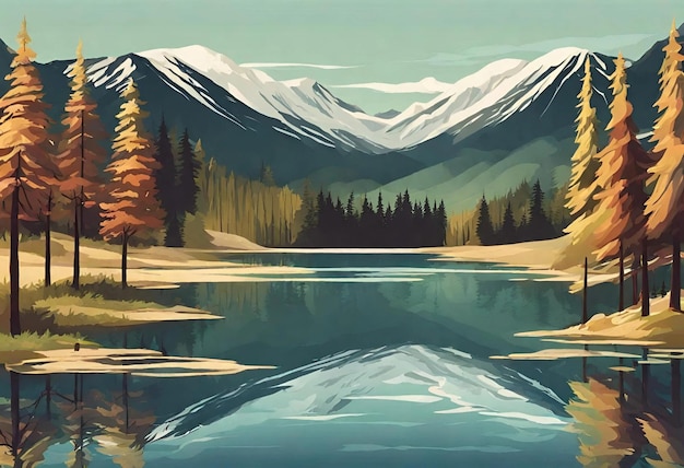 写真 湖に映る山の絵画