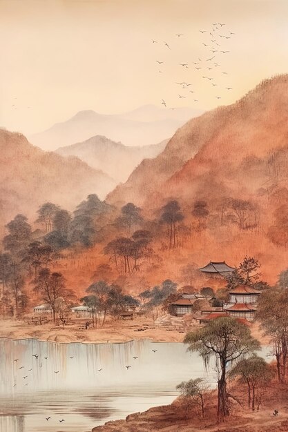 사진 배경에 산이 있는 산의 그림