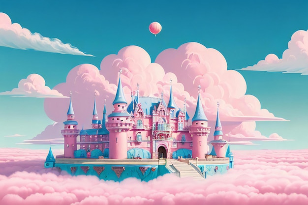 写真 雲に囲まれたピンクの城の絵