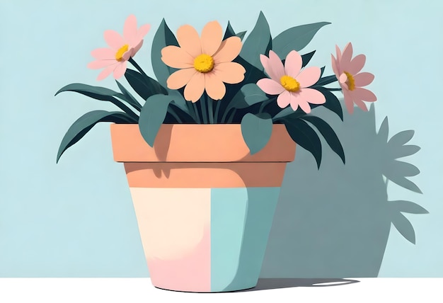 写真 花と植物の絵を描いた鉢の絵