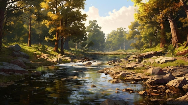 写真 背景に木がある川の絵。