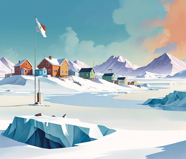 Фото Картина снежного пейзажа с домами и горами