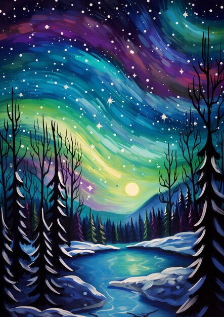 Фото Картина снежной ночи с рекой и деревьями