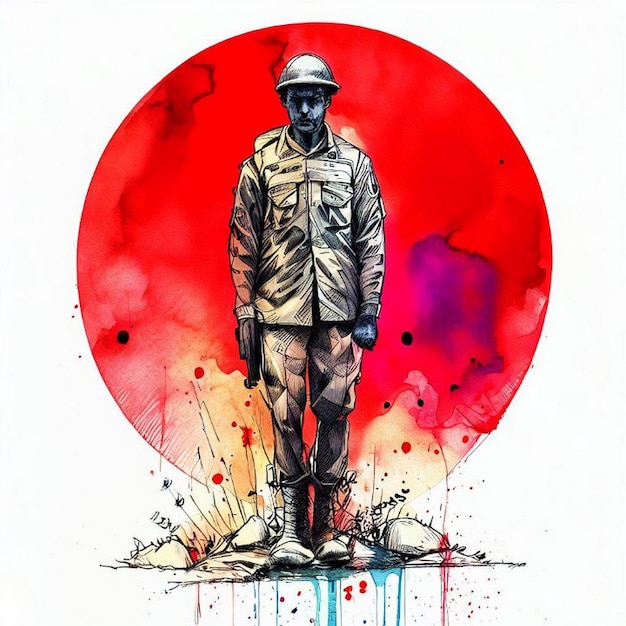 Фото Картина солдата, стоящего перед красным кругом.