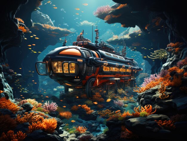 写真 海に浮かぶ潜水艦の絵 生成人工知能