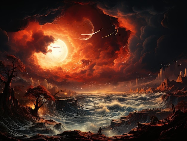 写真 水面上の日没を描いた絵 ジェネレーティブ・ai