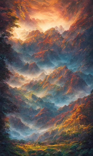 Фото Картина долины на фоне заката.