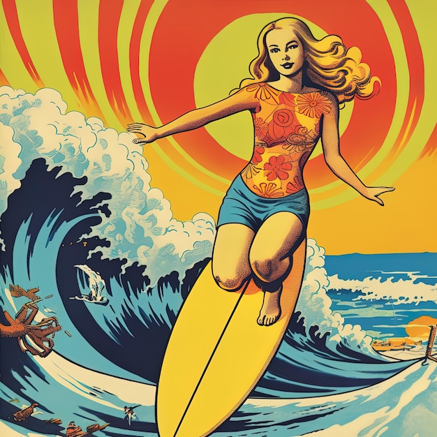 Фото Картина женщины на доске для серфинга с рисунком женщины на ней