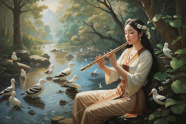 사진 강에서 플루트를 연주하는 여성의 그림 생성 ai