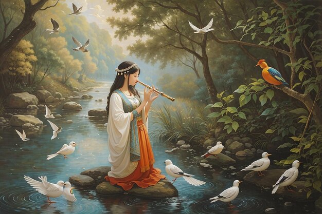 사진 강에서 플루트를 연주하는 여성의 그림 생성 ai