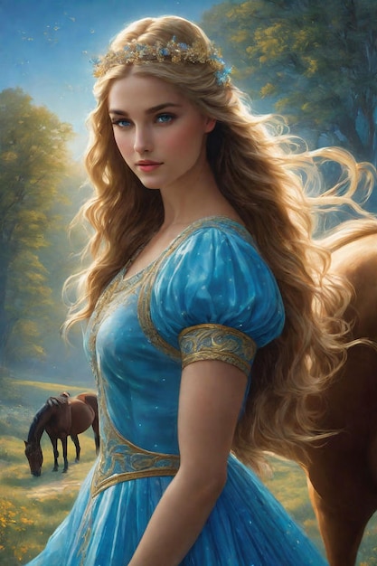 사진 뒷면 에 긴 머리카락 과 말 을 가진 여자 의 그림