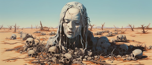사진 사막 한가운데에 긴 머리카락과 두개골을 가진 여자의 그림