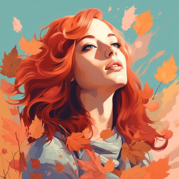 Фото Картина женщины с рыжими волосами и листьями
