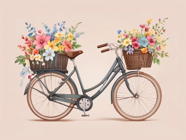 사진 그라디언트 색의 배경을 가진 꽃 바구니와 함께 예술 자전거의 그림