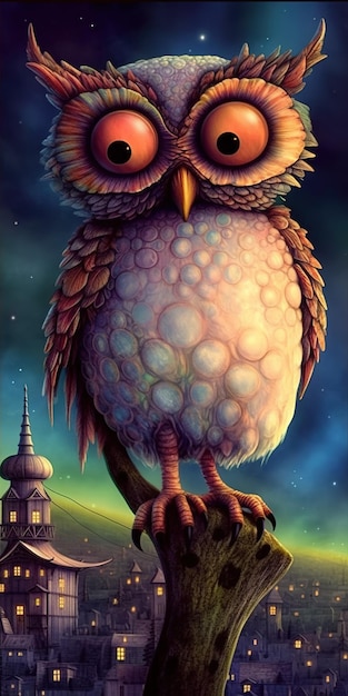 Фото Картина с изображением совы на фоне звездного неба.