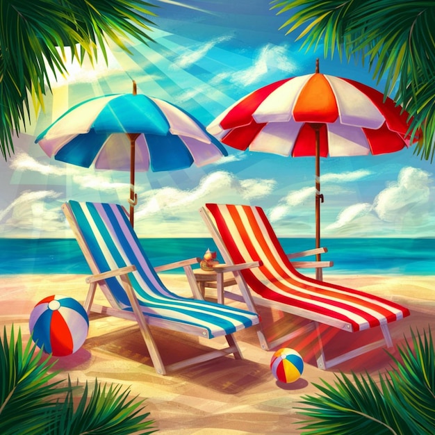 Фото Картина пляжных стульев и зонтиков с голубым небом и пальмами