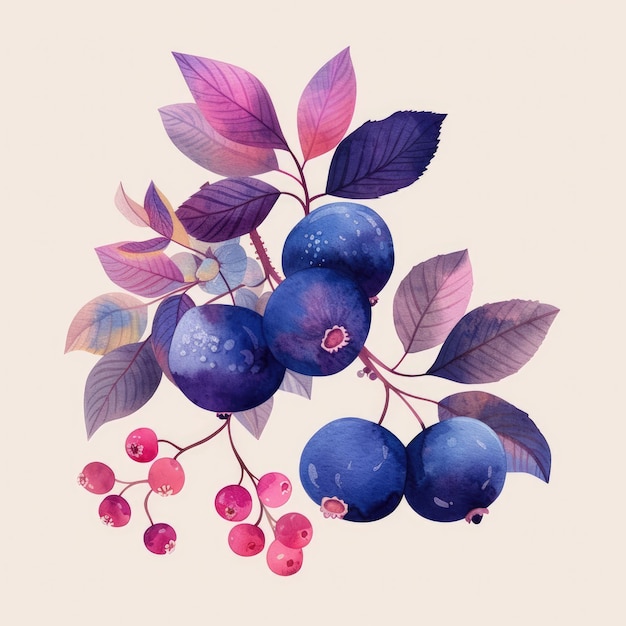 Фото Картина голубых ягод и листьев с розовыми ягодами