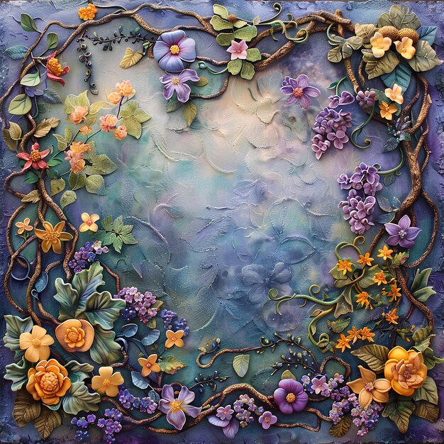 사진 파란색 배경을 가진 꽃과 잎의 그림