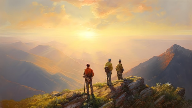 사진 산 꼭대기에 있는 세 명의 하이커의 그림과 그 뒤에 해가 지고 있다.