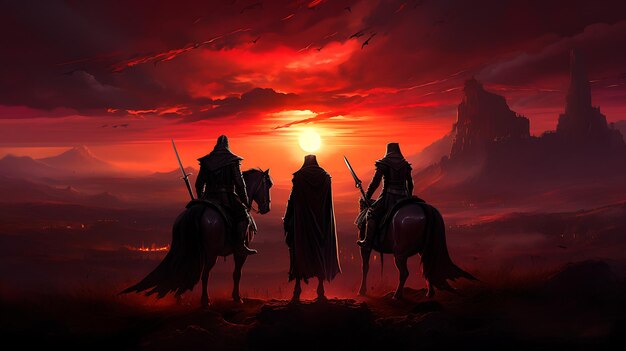 写真 背景に城がある馬に乗った3人の騎士の絵画