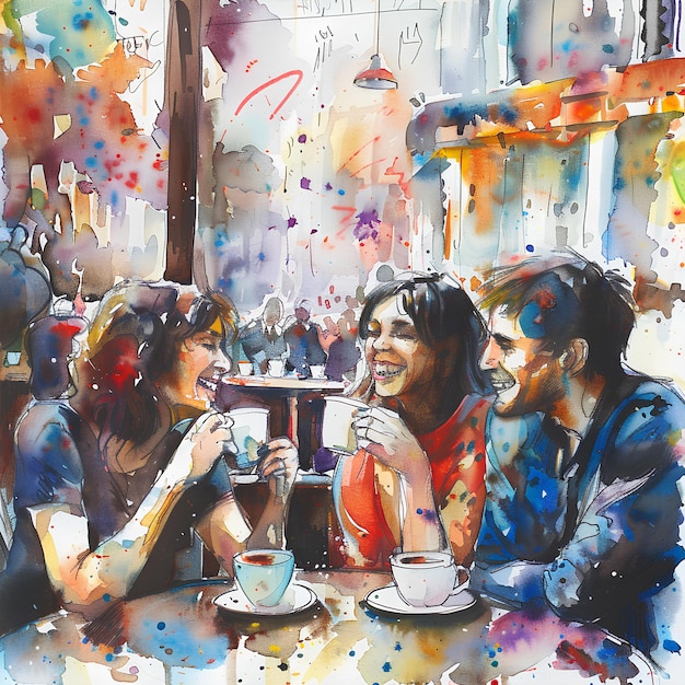 사진 커피 컵과 은 꽃을 가진 여자와 함께 테이블에 앉아있는 세 사람의 그림
