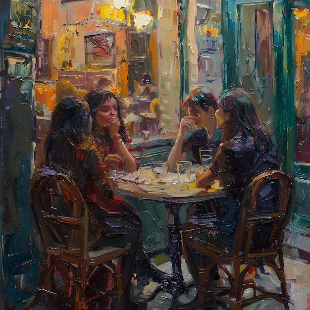 사진 배경에 문이 있는 테이블에 앉아 있는 세 명의 여성의 그림