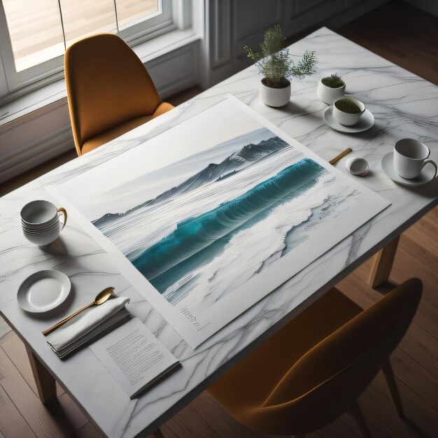 写真 テーブルの上の絵は海の絵を描いたテーブルです