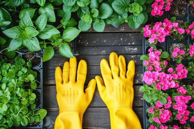 写真 鮮やかな黄色いガーデニングの手袋のペアは,田舎の木製の背景に苗とくピンクの花を横たわっています
