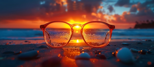 写真 太陽が後ろにあるメガネのペア