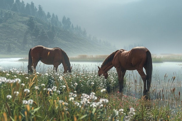 Фото Пара лошадей, мирно пасущихся в спокойном мне.