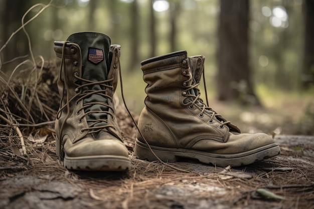 Фото Пара военных ботинок на земле в травяном поле