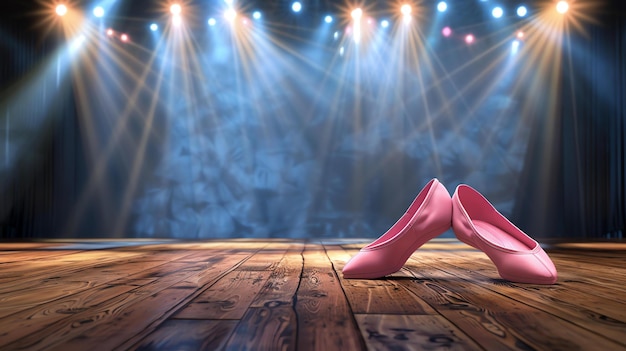 Фото Пара розовых балетных туфлей сидит на деревянной сцене, прожектор ярко светит на туфли, сцена пуста, кроме туфлей.