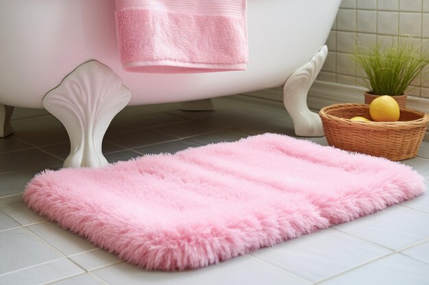 Фото Пара розовых пушистых тапочек на белом ванном коврике рядом с ванной