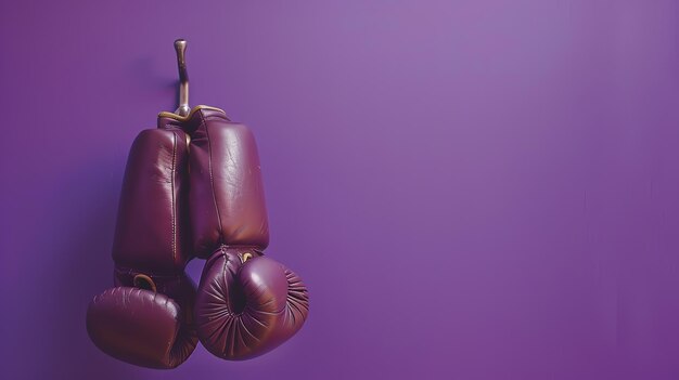 Фото Пара фиолетовых боксерских перчаток, висящих на крюке на фиолетовом фоне. перчатки сделаны из кожи и имеют блестящую отделку.