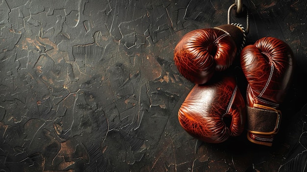 Фото Пара старинных коричневых кожаных боксерских перчаток, висящих на цепи на темном текстурированном фоне