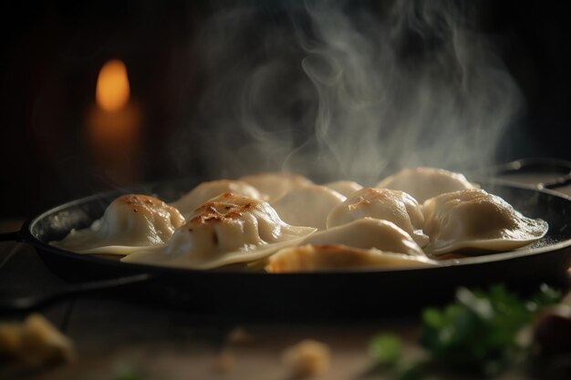 写真 湯気の煙が立ち上る餃子の鍋。