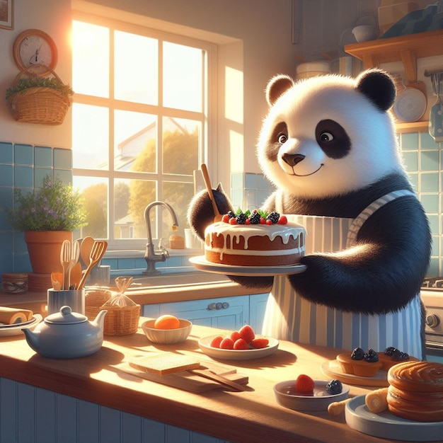 写真 パンダのクマが晴れたキッチンでケーキを焼いている