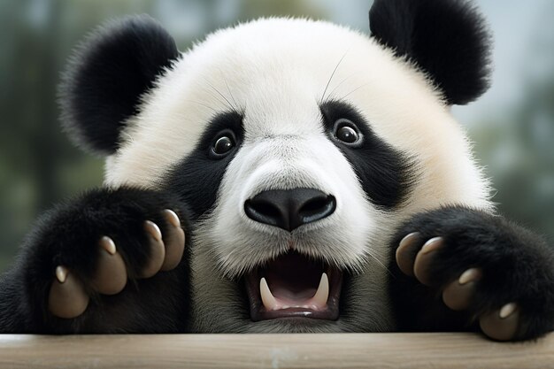 Фото Медведь-панда с открытым ртом и лапами на вершине головы