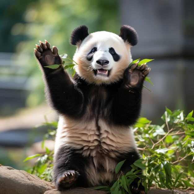 写真 パンダが後ろ足で立って竹をつかむために手を伸ばしている