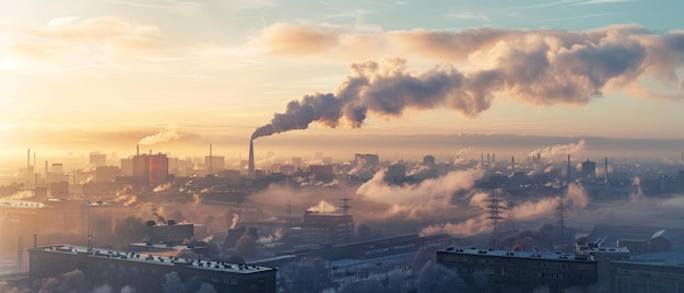 Фото Панорамный вид, захватывающий тепло зимнего восхода солнца над промышленной зоной с дымоходами, высвобождающими шлейфы в холодный воздух