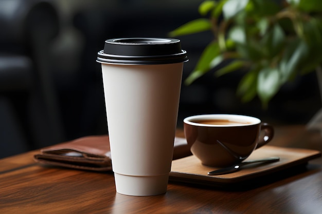 사진 커피의 종이 컵을 가져가기 위해 모형 커피를 가기 위해 카페의 테이블에 텍스트를위한 빈 공간