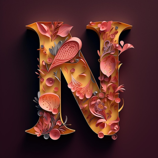 Фото Бумага, вырезанная из буквы n с цветами и листьями.