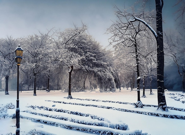 写真 雪で覆われた冬の公園