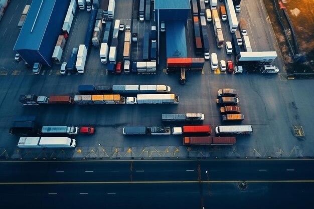 写真 たくさんのトラックで満たされた駐車場