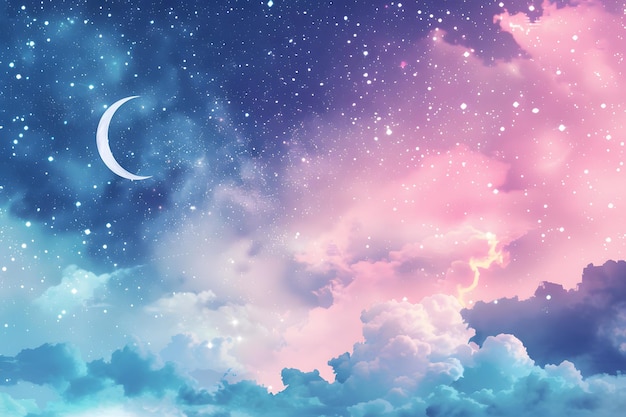 Фото Пастельное небо с облаками и звездами полумесяц
