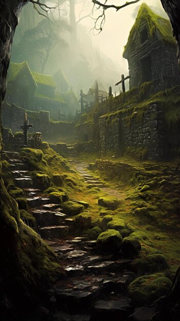 Фото Тропа в темном лесу с крестом на вершине.