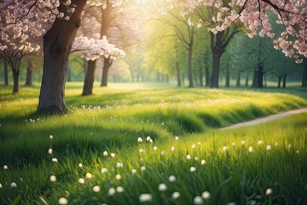 写真 草の中の花がく春の道