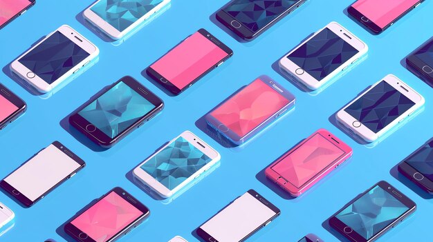Фото Образец смартфонов с различными цветами экрана, расположенных в сетке. фон ярко-голубого цвета