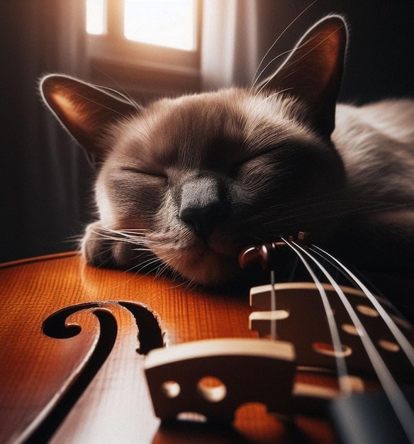 사진 평화로운 고양이가 클래식 바이올린을 들고 따뜻하게 조명된 실내 환경에서 잠을 자고 인공지능이 생성합니다.