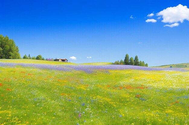 写真 色とりどりの野の花と澄んだ青い空の背景または壁紙の平和な草原